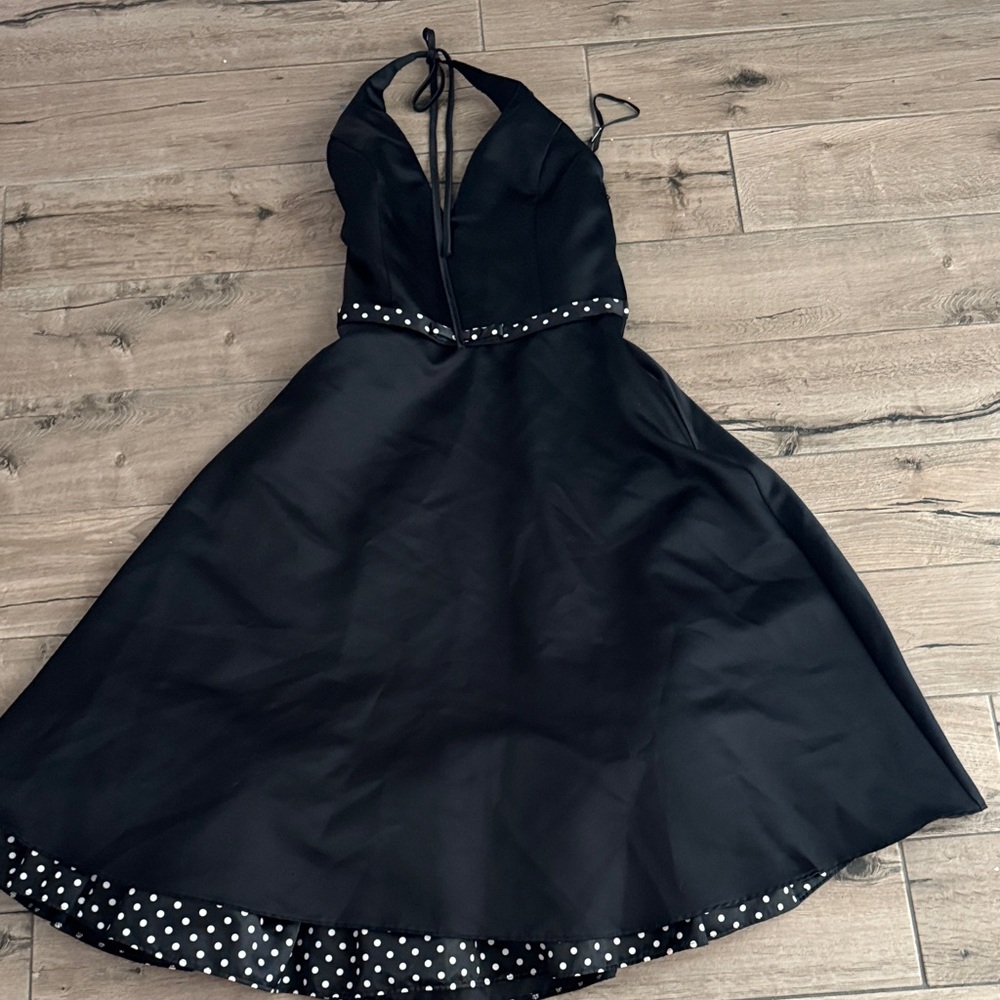Elegant Black Halter Fit-and-Flare Dress with Polka Dot Trim